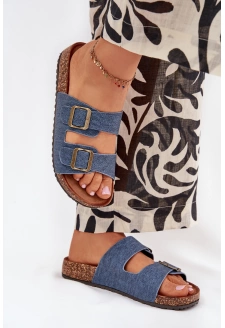 Damskie Klapki Na Korkowej Platformie Z Klamrami Ciemny Jeans Vesina