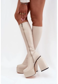 Kozaki Damskie Na Słupku I Platformie Jasnobeżowe Yavira