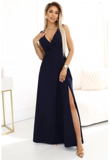 634-1 MIRA elegancka sukienka maxi z kopertowym dekoltem i rozcięciem na nodze - granatowa