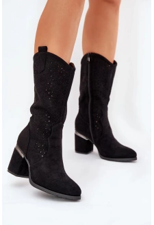 Ażurowe Kozaki Kowbojki Do Połowy Łydki S.Barski HY51-238 Czarne