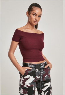 Ladies Off Shoulder Rib Tee redwine