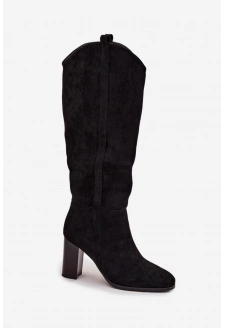 Kozaki Damskie Na Słupku Z Eko Zamszu Czarne Prisca