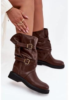 Marszczone Kozaki Damskie Do Połowy Łyski Z Paskami I Klamrami Brązowe Halvessa